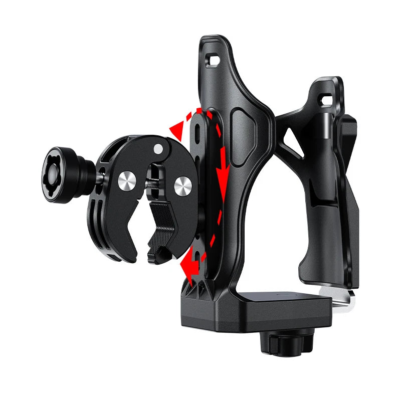 A black adjustable motorcycle drink holder clamp with a visible red arrow indicating the clamping mechanism.