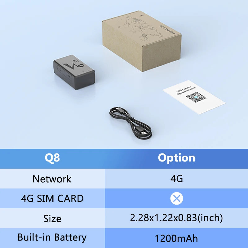 Une boîte beige, un traceur GPS noir et une carte SIM étiquetée Q8 sont présentés sur une surface bleu clair.