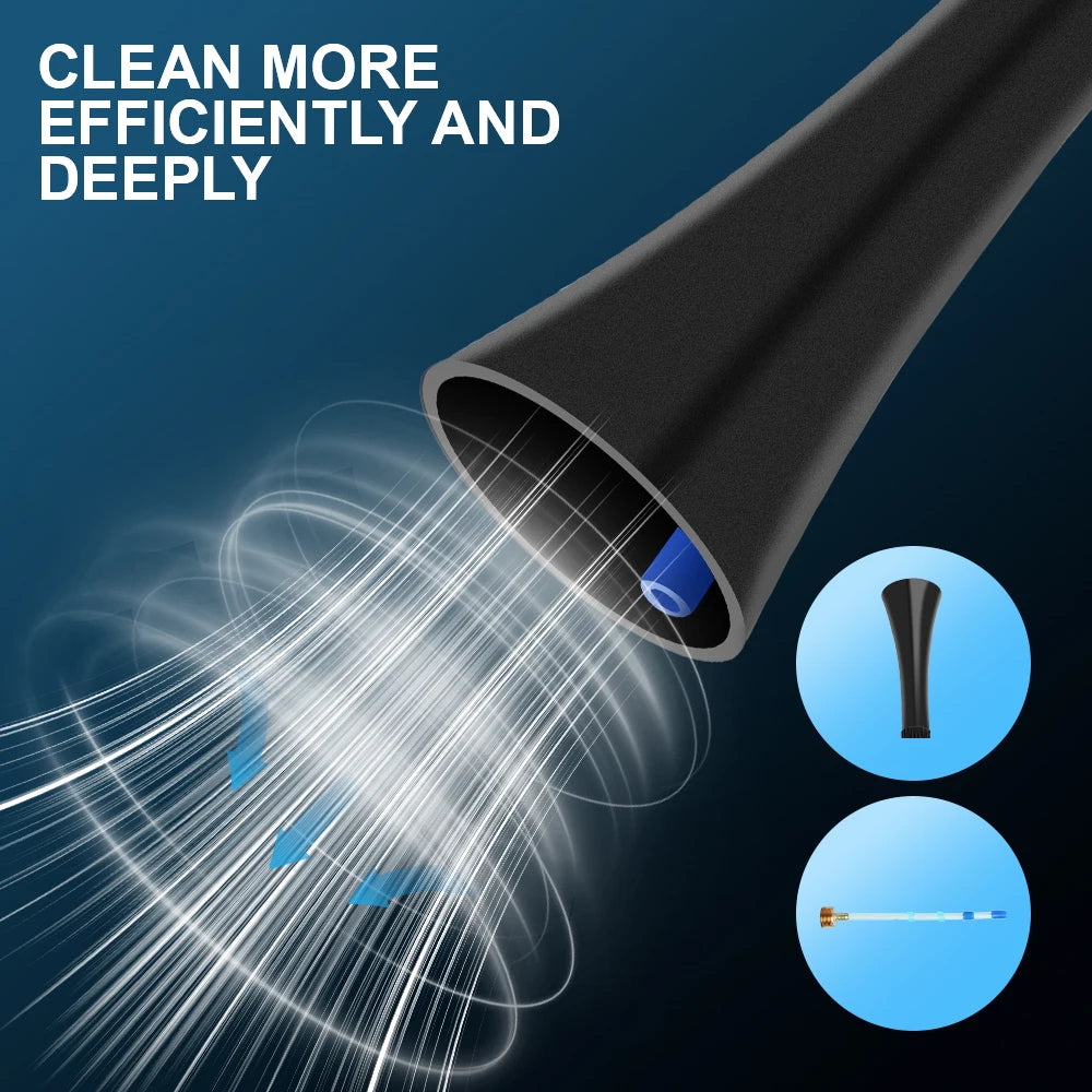 A high-pressure air blow car cleaning gun is shown cleaning a surface with fine streams of air.