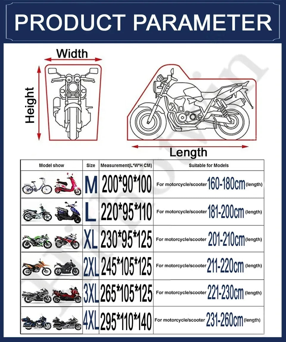 Product parameter chart showing dimensions for various motorcycle and scooter models.