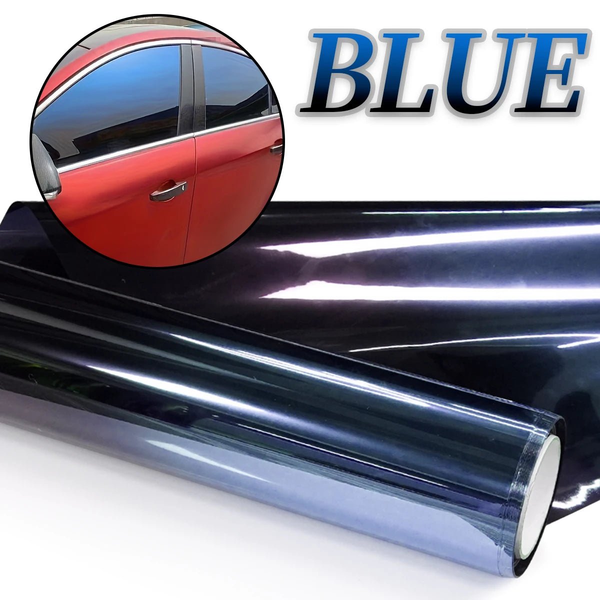 Blue color changing solar window tint film roll next to a car window example.