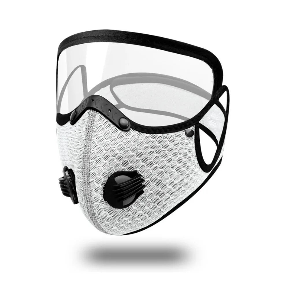 A clear face mask with a black frame and mesh material for breathable cycling and outdoor use.