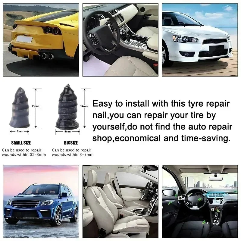 A compact tire repair kit showing various tools and a repaired tire on a vehicle.