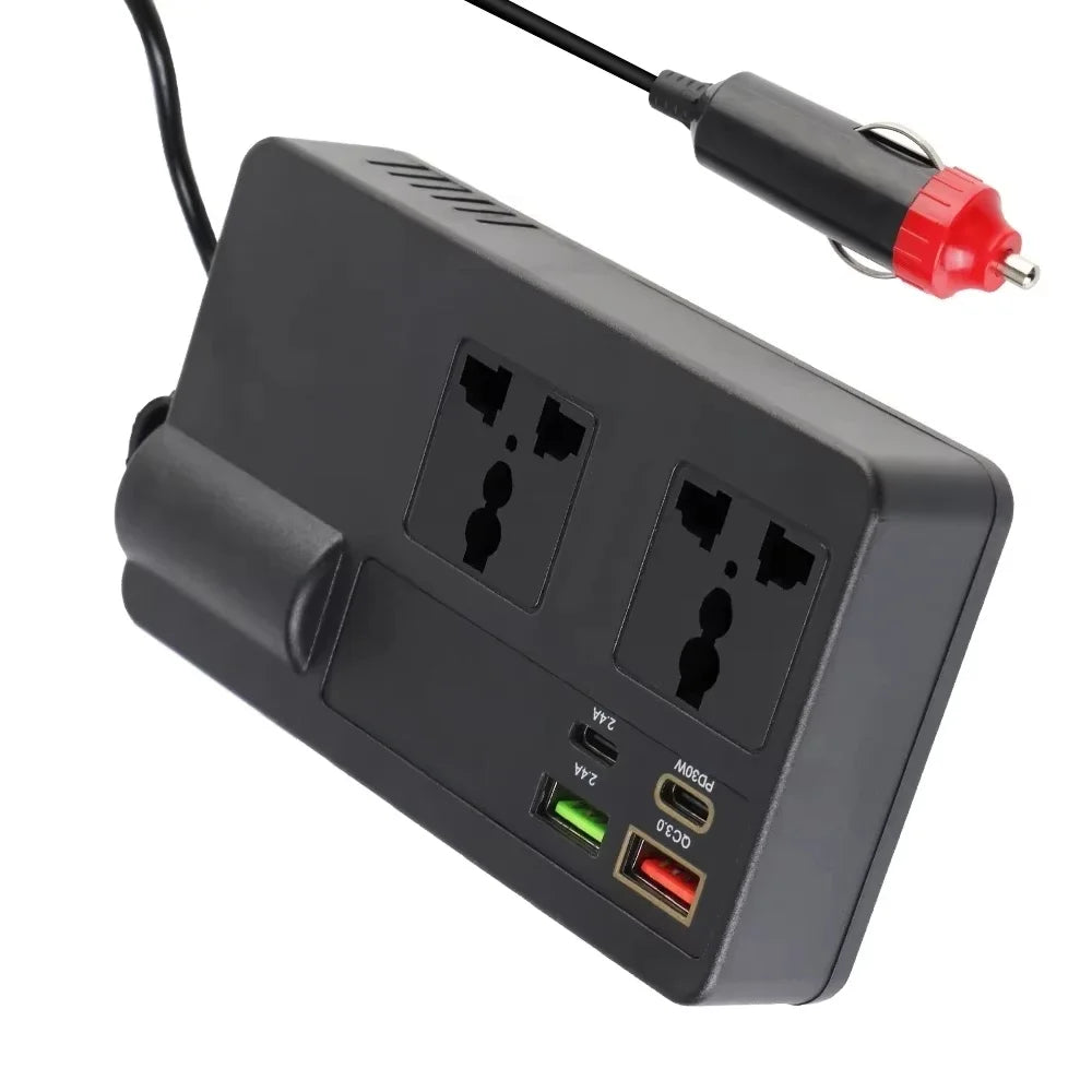 A black high-power DC to AC power converter inverter with multiple output ports and a black cable.