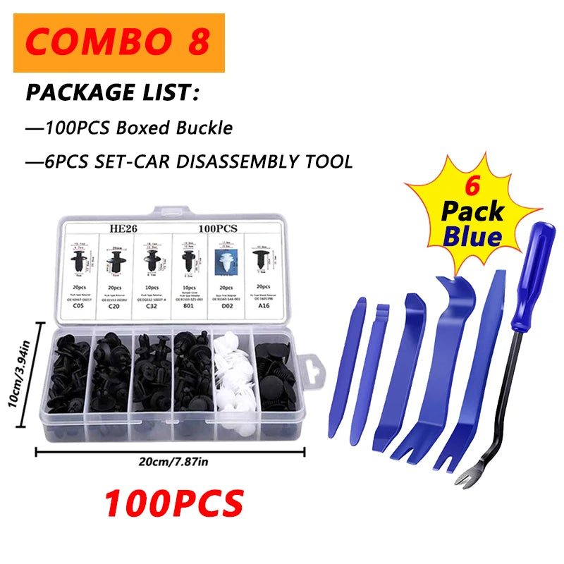 Combo 8 package list showing a 100PCS boxed buckle and 6PCS set car disassembly tool in blue.