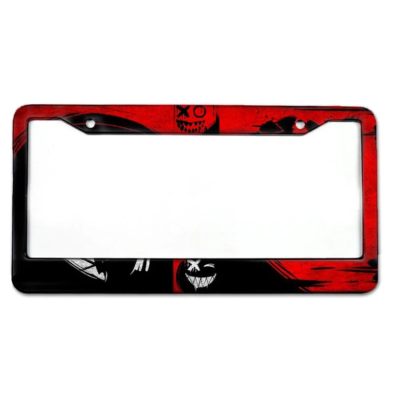 A red and black license plate frame with skull graphics and a white interior.