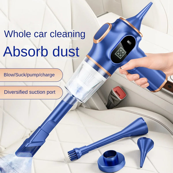 A blue handheld vacuum cleaner with a brush attachment and various suction ports is shown cleaning a car interior.