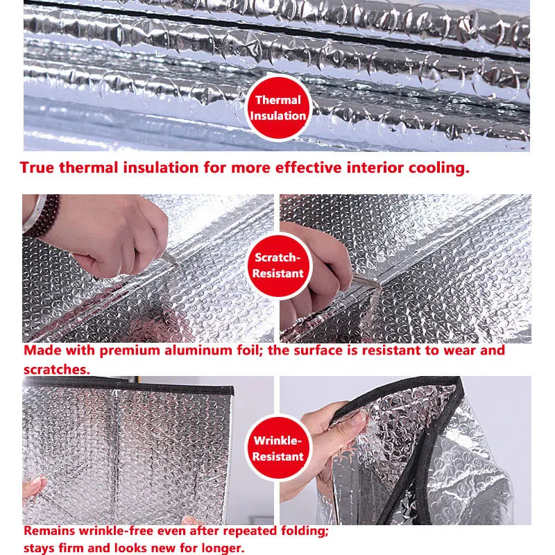 A transparent aluminum foil sun visor designed for heat and UV protection, showing its scratch-resistant and wrinkle-resistan