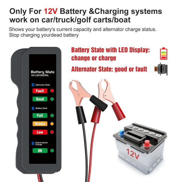 A 12V digital battery and alternator tester with an LED display next to a 12V battery charger.
