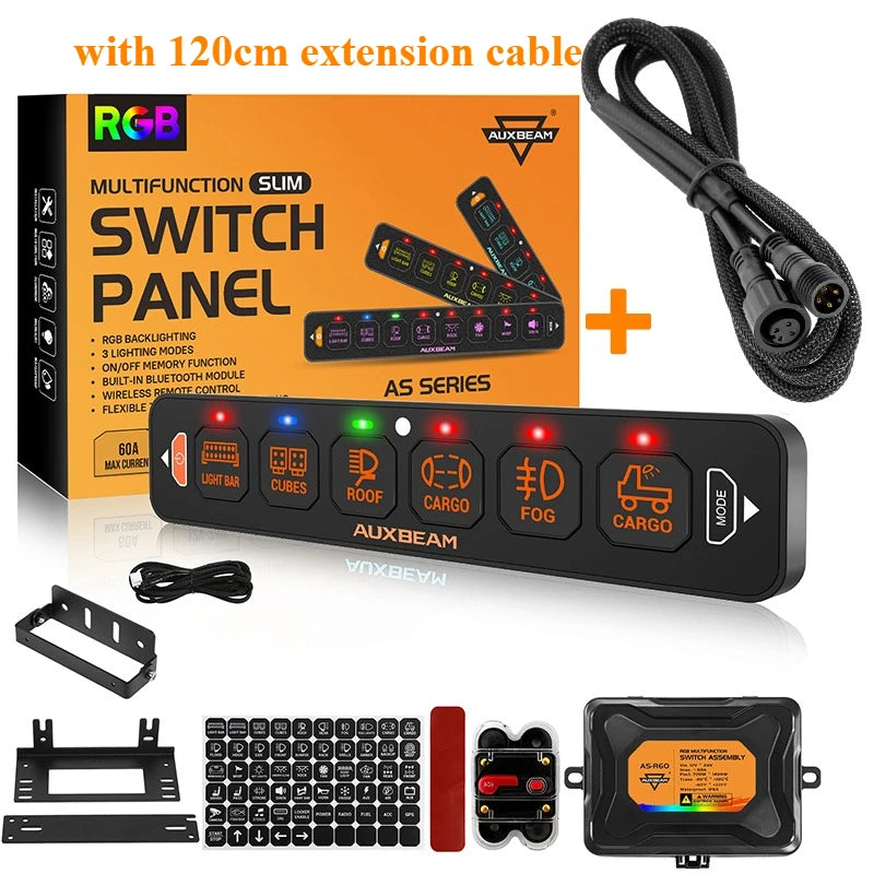 An RGB slim switch panel with an extension cable and a wireless remote shown next to various components.