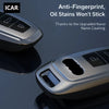 Close-up view of a metallic car key case with an anti-fingerprint coating on a dark surface.