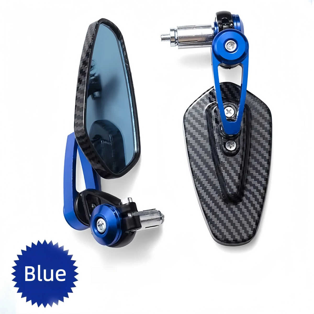 Blue carbon fiber handlebar rearview mirrors for motorcycles shown in isolation.