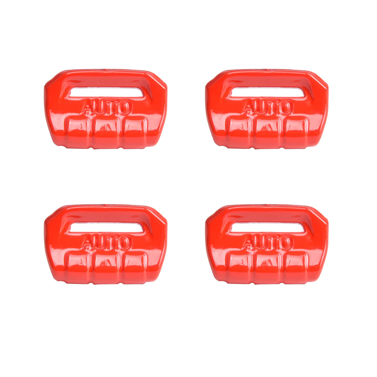 Four bright red auto-themed window control button decoration covers for Jeep and Gladiator vehicles.