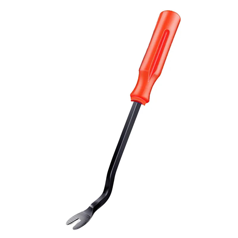 An orange and black multi-functional plastic car trim removal tool.
