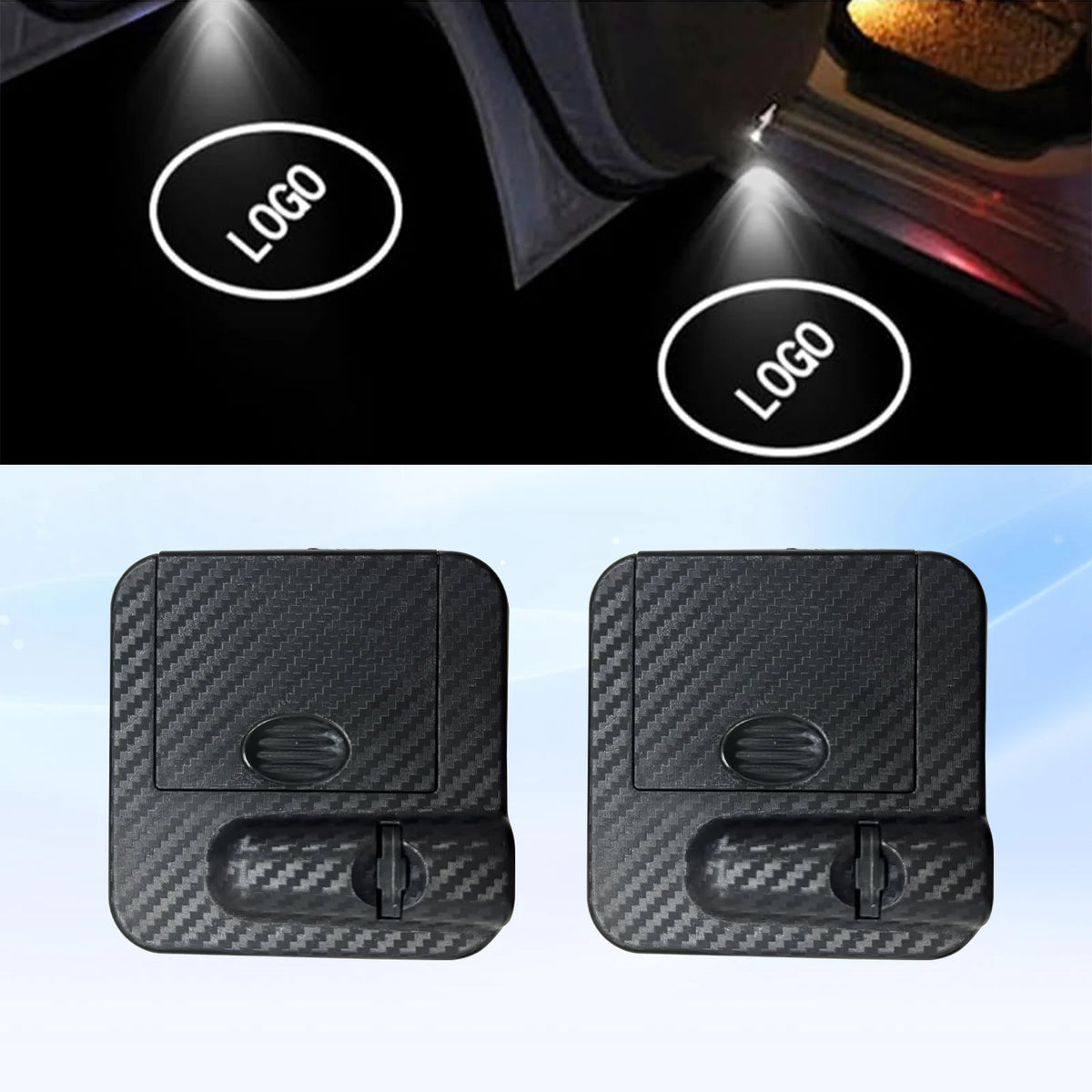 A set of four wireless car door lights, featuring a black textured design and illuminated logos.