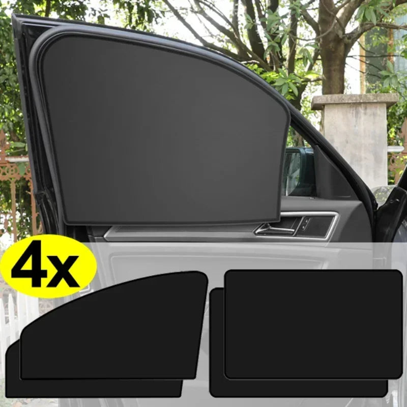 Black magnetic car window sunshades installed on a vehicle, showing the deployed shades and a graphic indicating 4x coverage.