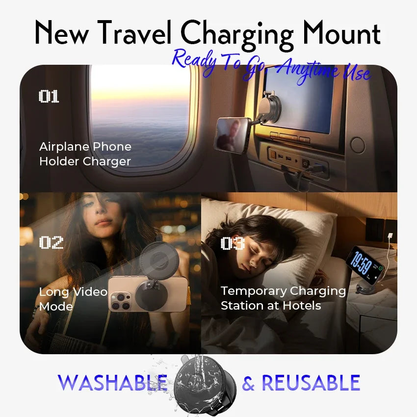 A travel charging mount featuring an airplane phone holder, a video mode, and a temporary hotel charging station.