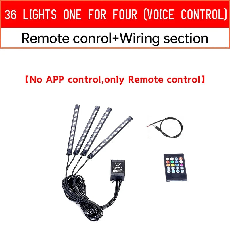 A set of 36 lights one for four voice controlled with a remote control and wiring section.
