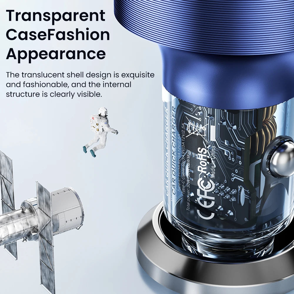 A transparent blue case of a high-power car charger is shown, revealing the internal structure.