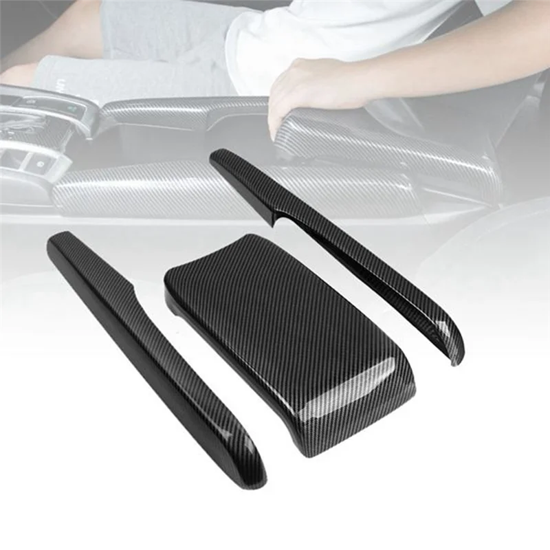 Black carbon fiber armrest box cover for a Honda Civic 10th generation car.