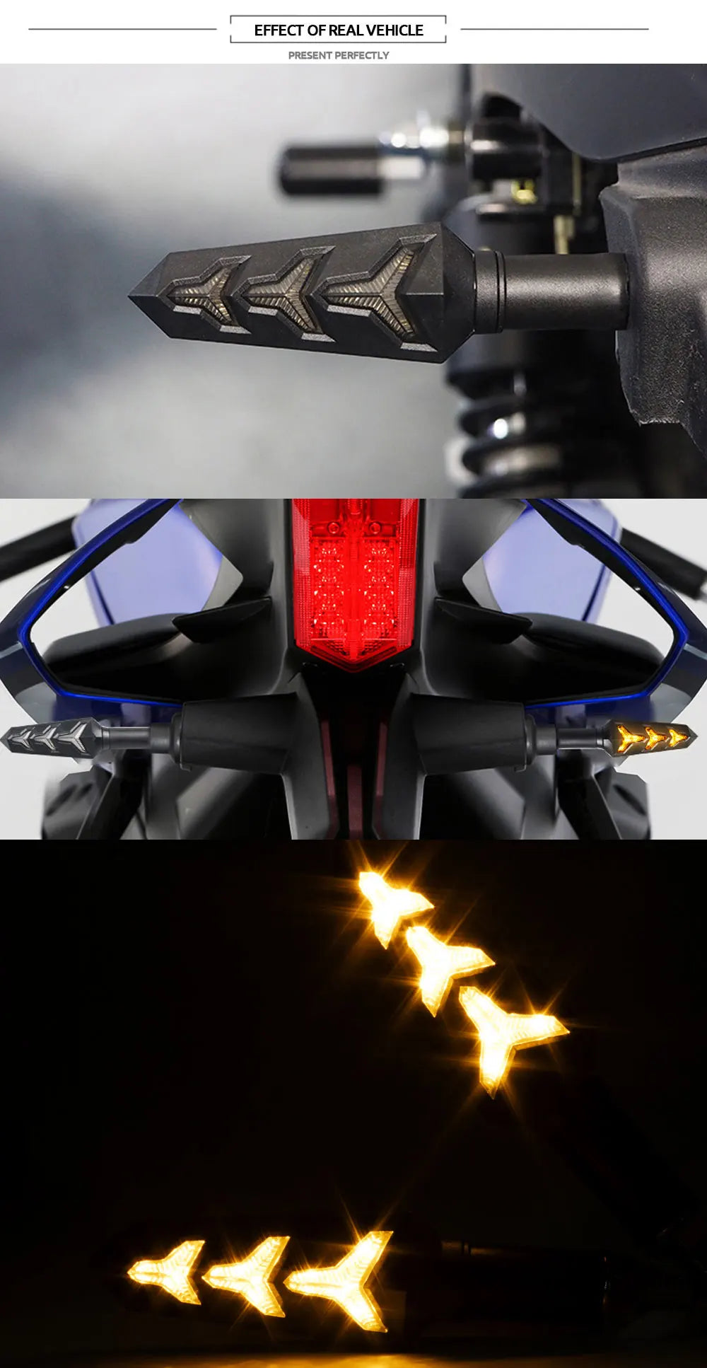 Close-up of a motorcycle turn signal assembly with glowing yellow LED light patterns.