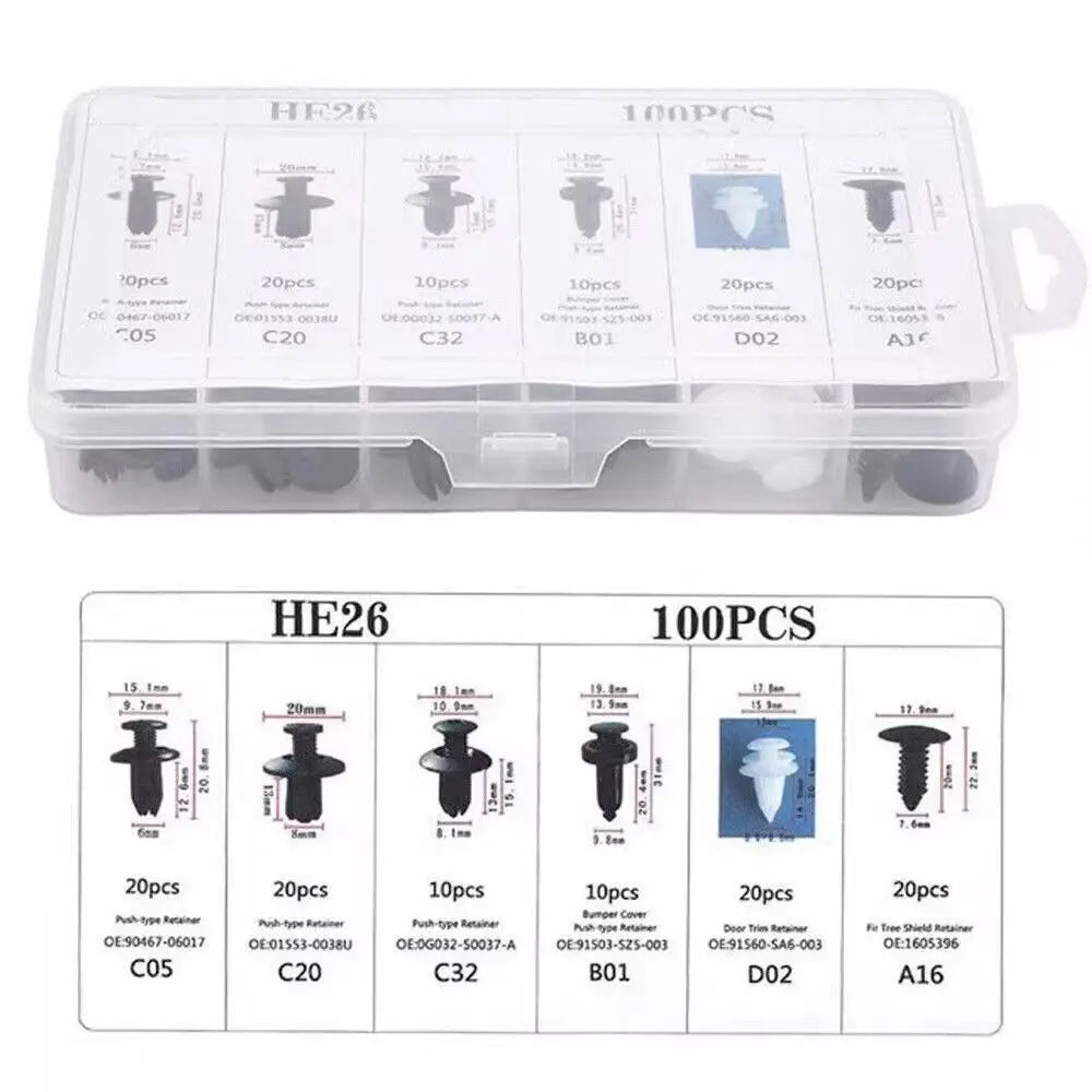 A plastic storage tray containing various sizes of auto fastener clips labeled C05, C20, C32, B01, D02, and A16.