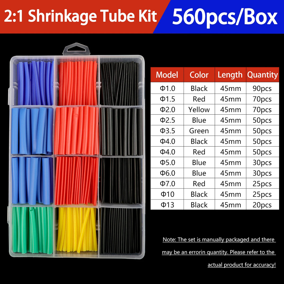 A box of 560 pieces of 2:1 shrinkage tubing kit with various colors including black, red, yellow, blue, and green.