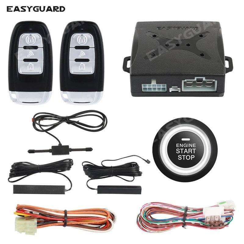 A set of remote engine start and keyless entry car alarm system components including a device, wires, and an engine start sto