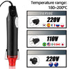 A black hot air gun kit with an EU plug and various voltage compatibility information.