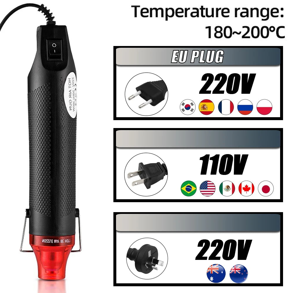 A black hot air gun kit with an EU plug and various voltage compatibility information.