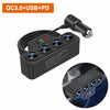 A black multi-port DC car charger adapter with USB and PD ports and a cable.