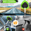 Un outil de nettoyage à brume verte et une serviette microfibre grise pour nettoyer une voiture.