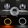 Comparison of high beam, low beam, turn signal light, and DRL features on a 7 inch motorcycle LED headlight.
