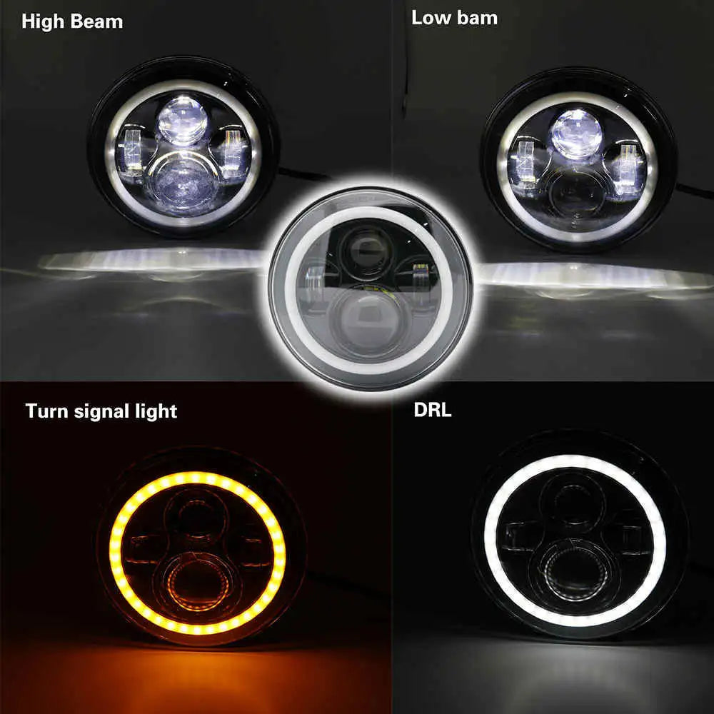 Comparison of high beam, low beam, turn signal light, and DRL features on a 7 inch motorcycle LED headlight.