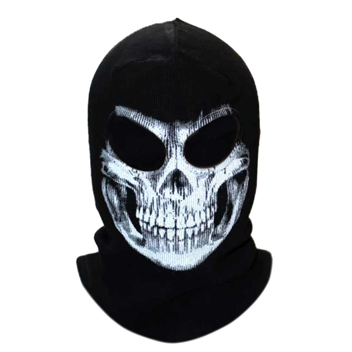 Balaclava facial negra con diseño de calavera blanca