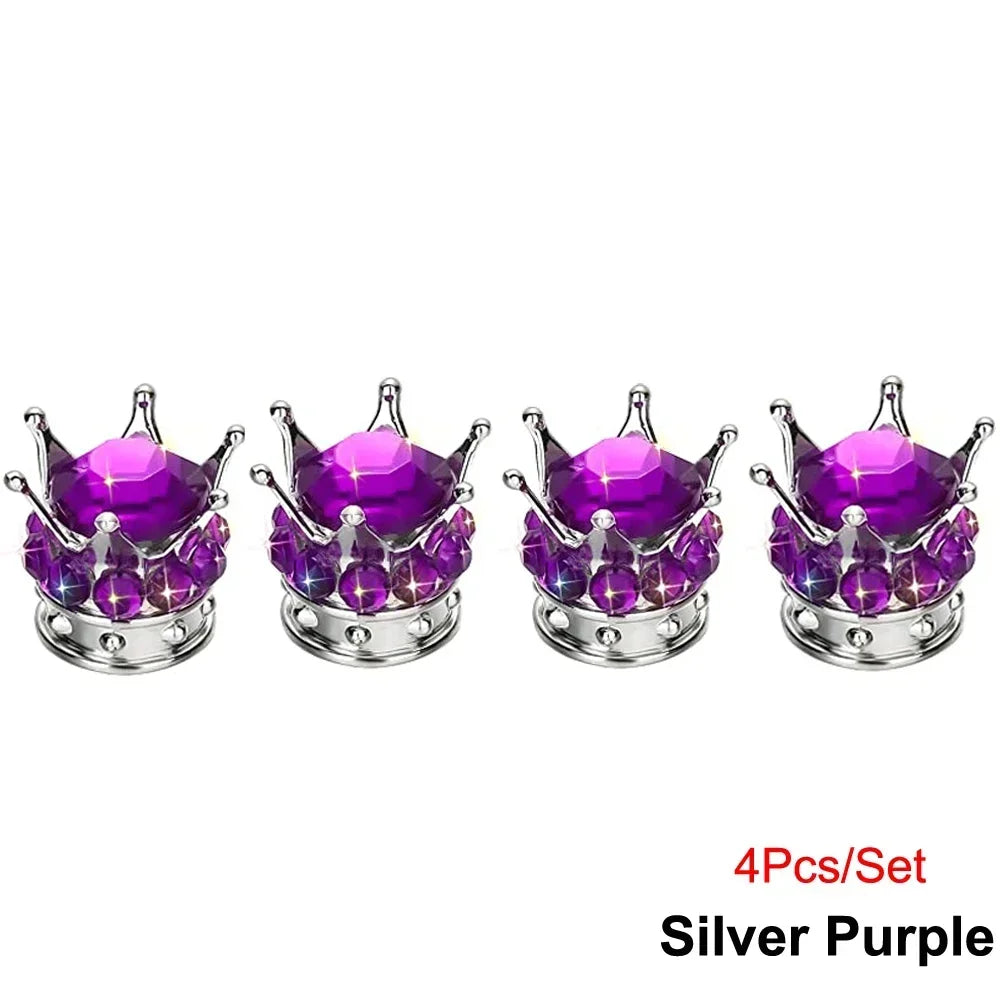 Set of four silver purple diamond rhinestone tire valve caps