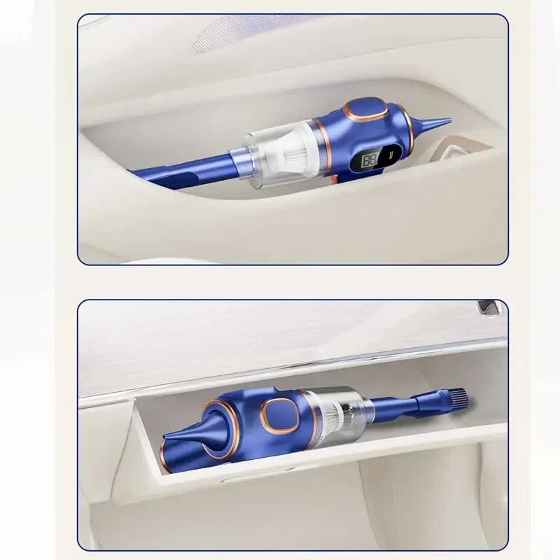 A blue cordless vacuum cleaner is shown inside a storage compartment of a car or household appliance.