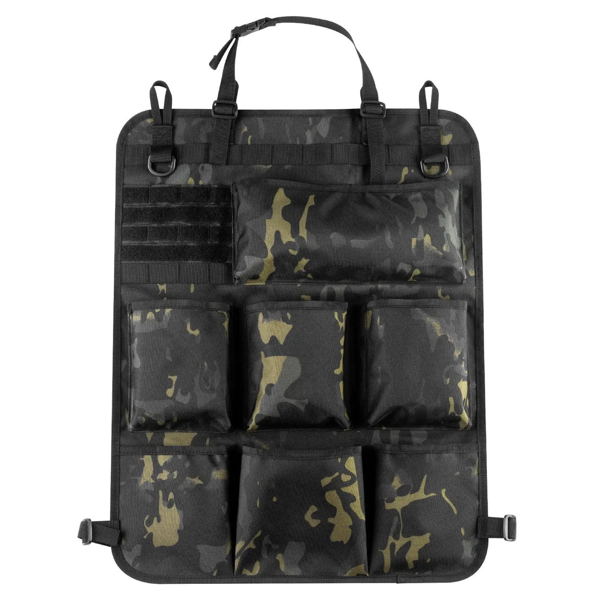 A black universal camo seat back organizer with multiple padded compartments.