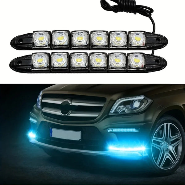 Ein Satz universeller LED-Tagfahrlicht, installiert auf einem dunklen SUV-Scheinwerfer.