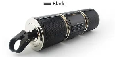 Black motorcycle Bluetooth speaker system with FM radio and USB features.