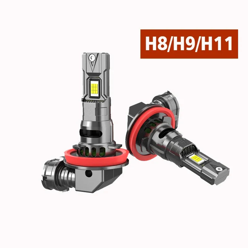 Three high-performance LED car headlight bulbs labeled H8, H9, and H11 are shown.