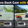 A dual-camera dash cam with a wide angle lens mounted on a car, showing front and rear views.