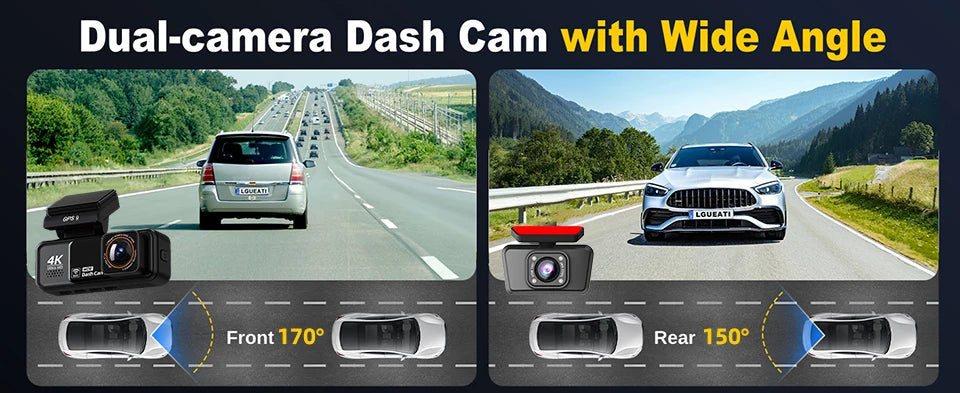 A dual-camera dash cam with a wide angle lens mounted on a car, showing front and rear views.