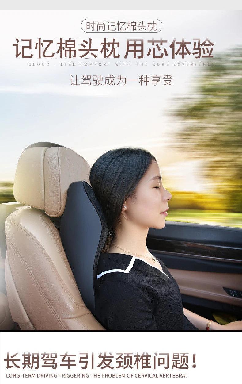 A woman is seated in a car, using an ergonomic headrest pillow for neck support.