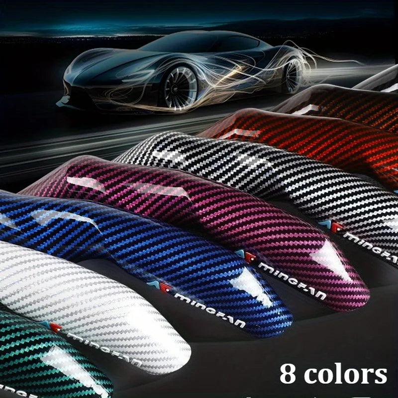 Eight carbon fiber steering wheel covers in various colors displayed against a dark background.