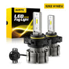 A box and two LED fog light bulbs with black bases are shown for automotive use.