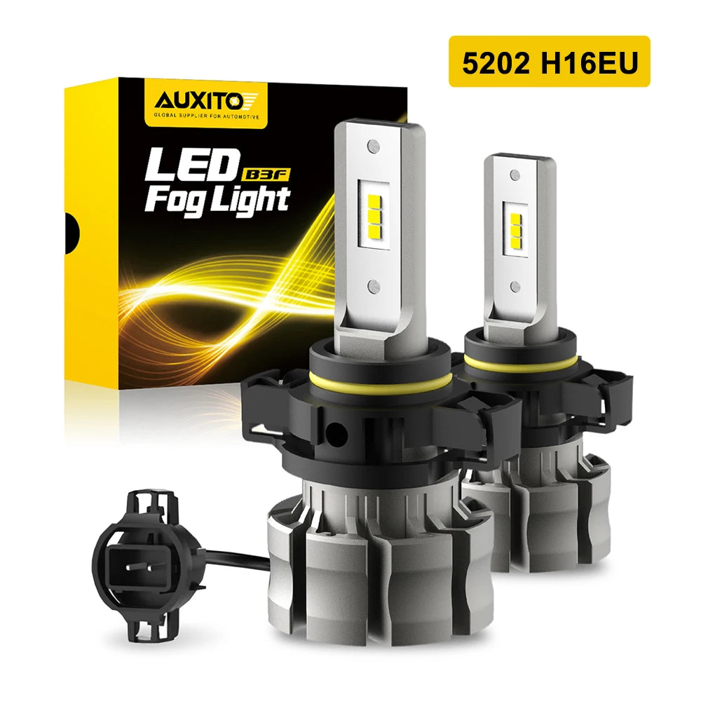 A box and two LED fog light bulbs with black bases are shown for automotive use.