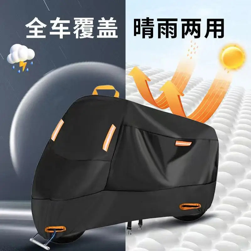 Black heavy-duty waterproof motorcycle cover shown in a side view with orange accents.