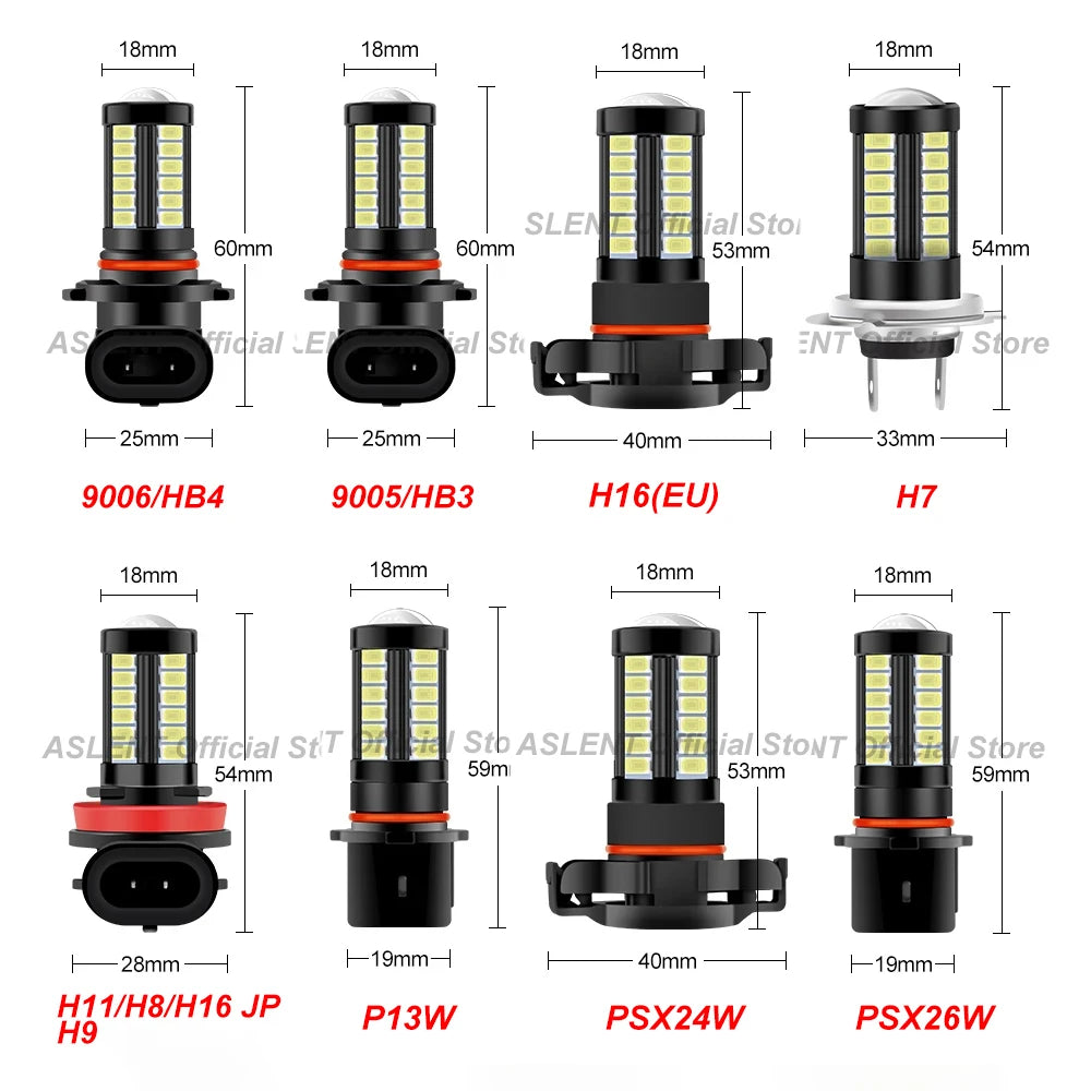 مجموعة مصابيح ضباب LED عالية الكثافة تشمل موديلات مثل 9006/HB4، و9005/HB3، وH16(EU)، وH7.