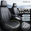 Black Nappa leather car seat covers showing a front view of the seat and a close-up of the leather texture.